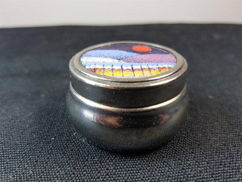 Vintage Silver Metal and Enamel Landscape Pill Ring or Trinket Box