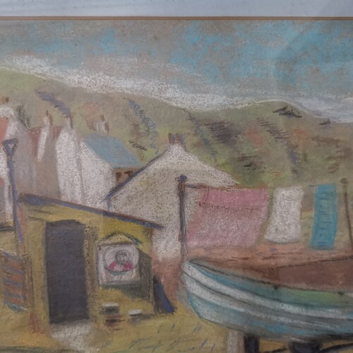 Vintage Pastel Painting Sketch Drawing of shops Nautical Landscape Harbor Scene with Boats Houses Signed by Artist M.T.K and Framed Original Art