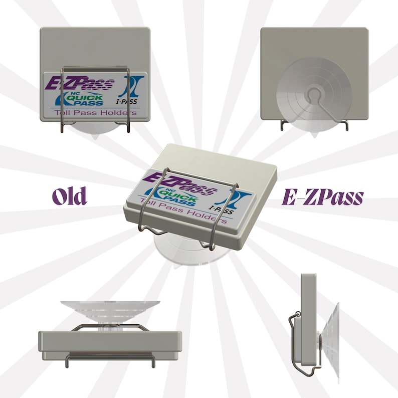 Puede incluir: Un soporte de peaje de pl&aacute;stico blanco con una ventosa. El soporte tiene un marco de metal y dice "EZPass" y "NC Quick Pass". El soporte se muestra en tres posiciones diferentes: montado en un parabrisas, sentado en una mesa y en una vista lateral.
