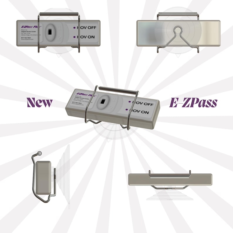 Puede incluir: Un transpondedor E-ZPass blanco con una etiqueta morada que dice "E-ZPass" y "Nuevo". El transpondedor est&aacute; montado en un soporte met&aacute;lico con un asa. El transpondedor tiene una peque&ntilde;a ventana con un c&iacute;rculo negro en el centro. El transpondedor tiene dos botones etiquetados "OV OFF" y "OV ON".
