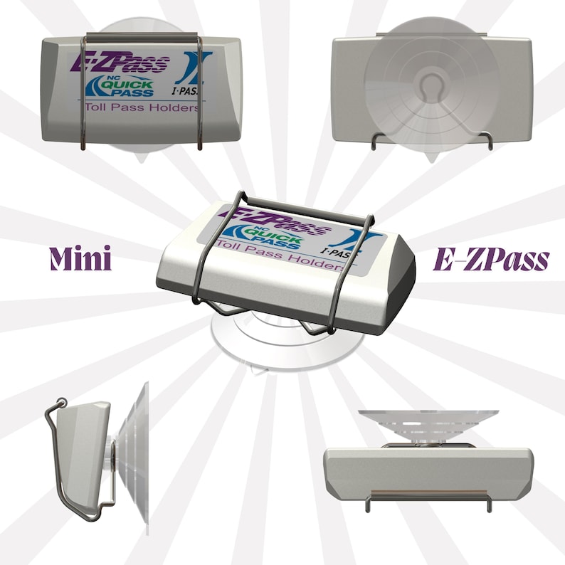 Puede incluir: Un soporte de peaje blanco con un marco de metal negro y una base de pl&aacute;stico transparente. El soporte tiene el texto "EZPass" y "NC Quick Pass" en &eacute;l. El soporte est&aacute; etiquetado como "Mini" y "E-ZPass".
