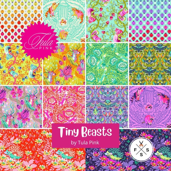 Tula Pink Tiny Beasts, Half Yard Bundle, 14pc, Free Spirit Fabric, Precut Quilting Cotton