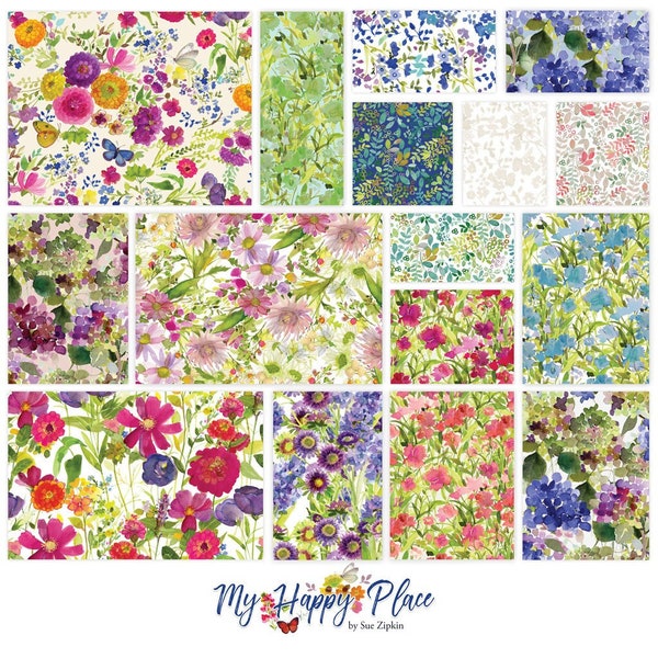 Sue Zipkin My Happy Place Fabric Strip Roll 2.5" Fabric Strips, Clothworks Fabric, Floral Flowers, Jelly Roll, ST0382, J01