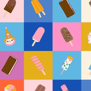 May include: A fabric print featuring a grid of colourful squares, each displaying various ice cream treats including popsicles, ice cream sandwiches, and cones. The bottom edge features a black border with the repeating text Ruby Star Society.