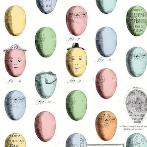 Peut inclure: Tissu blanc avec un motif répété d'œufs illustrés colorés. Certains œufs ont des visages, des fissures ou du texte, dont "One Dozen" et "They Smile at Our Egg Goods!". Les œufs sont de différentes couleurs : rose, bleu, jaune et vert.