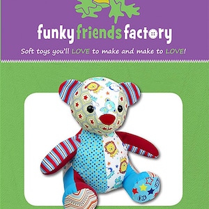 May include: A colorful patchwork soft toy bear with a red nose and black eyes. The bear is sitting on a white background. The bear is 12 inches tall. The text "Melody Memory Bear" is printed below the bear.