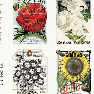J Wecker Frisch Sewing Seeds III Seed Packs CD15683 White, Riley Blake Fabric, Vintage, 100% Cotton, FBA-10