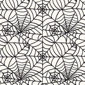 May include: A repeating pattern of black spiderwebs on a cream background. The webs are detailed with curved lines radiating from central points, creating a Halloween or spooky theme. The design is suitable for fabric or paper.