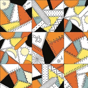 May include: A patchwork fabric design featuring geometric shapes in orange, yellow, black, and white. The design includes hand-stitched details, sun and moon motifs, and a spiderweb. The fabric is marked with inch measurements along the bottom.
