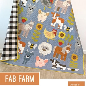 May include: A quilt pattern titled "FAB FARM" with a blue background and a patchwork design featuring farm animals, including cows, horses, pigs, chickens, sheep, goats, bees, sunflowers, and strawberries. The pattern includes instructions for making two quilt sizes.