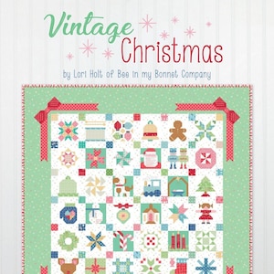 May include: A patchwork quilt with a mint green border and red bows in each corner. The quilt features various Christmas-themed blocks, including a gingerbread man, Santa, ornaments, and a Christmas tree. The words "Vintage Christmas" are at the top.