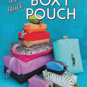 May include: A stack of colorful boxy pouches in various sizes and materials, including leather and clear vinyl. The pouches feature zippers and metal hardware. Text on the image reads "the quick BOXY POUCH" and "9 SIZES INCLUDED!"