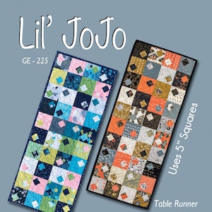 May include: A quilting pattern for a table runner called "Lil' JoJo" using 5 inch squares. The pattern is for a table runner that is 14 1/2 inches by 35 1/2 inches. The pattern is from GE Designs Iceland.