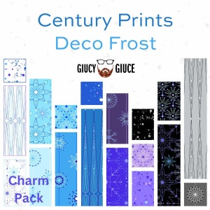 May include: A set of 12 fabric prints featuring a variety of geometric patterns in shades of blue, purple, and black. The prints are labeled "Century Prints Deco Frost Charm Pack".