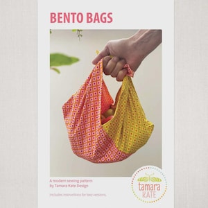May include: A flyer titled "BENTO BAGS" shows a reversible fabric bag with a geometric pattern in orange and yellow. The bag is held by a hand and contains fruit. The flyer also includes the text "A modern sewing pattern by Tamara Kate Design."