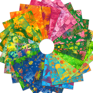 May include: A circular arrangement of rectangular fabric swatches featuring a vibrant tropical leaf pattern. The collection displays a spectrum of colors including orange, yellow, pink, green, and blue, with overlapping foliage designs on each piece.