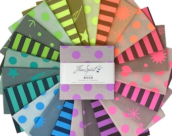 Tula Pink 5" Neon True Colors Charm Pack, 5" Squares, 42pc. Free Spirit Fabric, Everglow Dots Stripes, FB6CPTP.NEONTRUE, SQ128