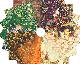 May include: A circular arrangement of square paper sheets featuring diverse floral and botanical patterns. The collection displays a gradient of colors ranging from deep forest green and dark purple to warm orange, golden yellow, and light cream tones.