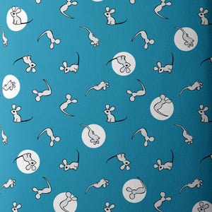 May include: A roll of fabric with a teal background featuring a repeating pattern of white mice and white circles. The fabric has the text "CLOUD9" on the top edge.