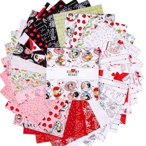 May include: A collection of 12 fabric squares featuring a variety of patterns with hearts, flowers, and vintage-inspired illustrations. The squares are arranged in a circle and have a label that reads "All My Heart".