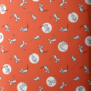 May include: A roll of orange fabric with a repeating pattern of white mice and white circles. The mice are drawn in black and white. The fabric is labeled "CLOUD9" in the upper left corner.