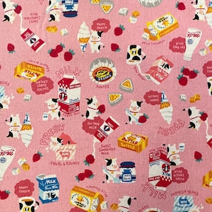 Kokka, Kawaii, Animal, COSAP15407-2A, Kokka Japanese Fabric, Cow Milk Strawberry, Cotton Linen Lightweight Canvas, #KO108