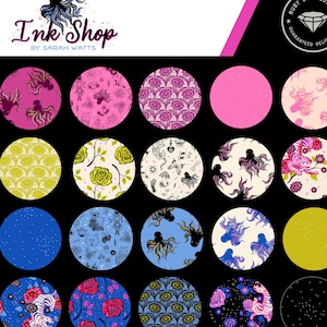 May include: A collection of patterned fabric circles in various colors, including pink, blue, and yellow, with designs such as octopuses, roses, and abstract patterns. The image includes the text "Ink Shop by Sarah Watts."