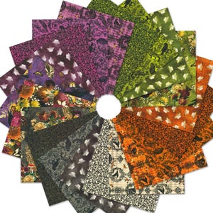 May include: A circular arrangement of fabric squares in various colors and patterns. The fabrics feature floral, butterfly, and raven motifs in shades of purple, green, orange, and brown. The arrangement is set against a white background.