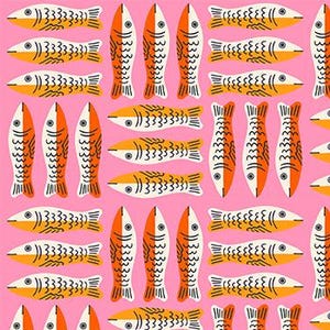 May include: A pink fabric featuring a repeating pattern of orange, white, and black fish. The fish are in different positions, creating a lively design. The text "RUBY STAR SOCIETY" is at the bottom of the fabric.