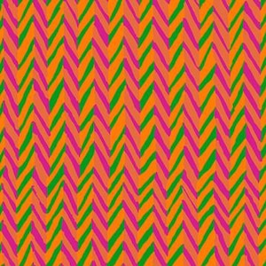 May include: A fabric swatch featuring a repeating vertical chevron pattern in vibrant shades of orange, hot pink, and bright green. A white ruler at the bottom indicates a scale of 12 inches, with the text FreeSpirit and freespiritfabrics.com.