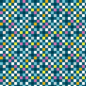 May include: A teal blue background with a white and coloured checkered pattern. The pattern includes small squares of yellow, pink, and light blue.