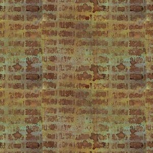 May include: A seamless pattern of brown, green, and blue abstract shapes resembling a weathered, aged, and textured surface. The pattern is reminiscent of old, worn paper or parchment.