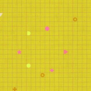 May include: Yellow fabric with a grid pattern and scattered shapes in pink, yellow, and orange. Shapes include circles, stars, hearts, and triangles. The text "RUBY STAR SOCIETY" is at the bottom.