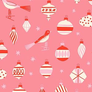 May include: A pink fabric with a repeating pattern of red and white Christmas baubles and birds. The baubles have various designs, including stripes, dots, and star patterns. The text "RUBY STAR SOCIETY" is at the bottom.