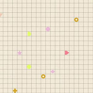 May include: A cream-colored fabric with a grid pattern and scattered geometric shapes in various colors. The shapes include circles, stars, hearts, and plus signs. The text "RUBY STAR SOCIETY" is at the bottom.