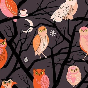 May include: A fabric design featuring colorful owls perched on dark tree branches against a dark purple background. The owls are in shades of orange, pink, and white. The design includes stars, a crescent moon, and the text "RUBY STAR SOCIETY".