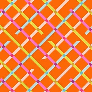 May include: A bright orange fabric with a repeating pattern of colourful diagonal lines. The lines are in shades of pink, yellow, blue, and white.
