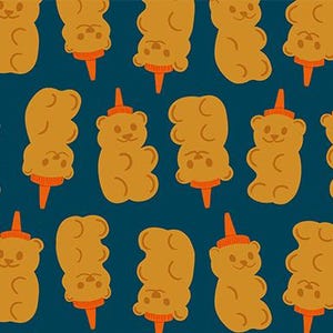 May include: A repeating pattern of cartoon gummy bears with orange hats and cones on a teal background. The bears are in various poses, some upright and some upside down. The text "RUBY STAR SOCIETY" is at the bottom.