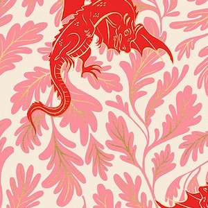 May include: Fabric with a repeating pattern of red dragons and pink leaves on a cream background. The leaves have gold accents. The text "RUBY STAR SOCIETY" is at the bottom.