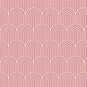May include: A pink and white geometric pattern with a repeating design of overlapping arches. The pattern is reminiscent of Art Deco style.