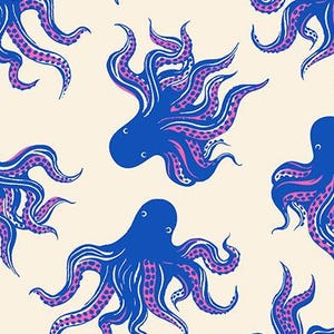 May include: Cream-colored fabric with a repeating pattern of blue octopuses with pink accents. The octopuses have detailed tentacles and are evenly spaced across the fabric. The text "RUBY STAR SOCIETY" is at the bottom.