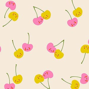 Peut inclure: Motif répété de cerises de dessin animé roses et jaunes avec des visages souriants et des tiges vertes. Les cerises sont posées sur un fond crème. Le texte "RUBY STAR SOCIETY" est en bas.