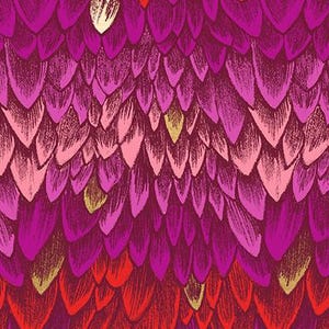 May include: A fabric with a repeating pattern of stylized, overlapping feather shapes in shades of magenta, pink, and red, with gold accents. The fabric has a textured appearance and a dark background. The text "RUBY STAR SOCIETY" is at the bottom.