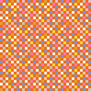 May include: A colourful fabric with a pixelated design of small squares in orange, white, yellow, pink, and blue. The pattern is a repeating grid of blocks, creating a playful and modern look. The text "RUBY STAR SOCIETY" is at the bottom.