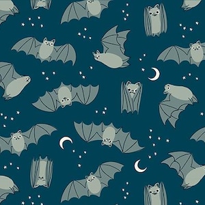 May include: Dark teal fabric with a repeating pattern of cartoon bats, crescent moons, and stars. The bats are gray with outstretched wings, and the stars are white. The text "RUBY STAR SOCIETY" is at the bottom.