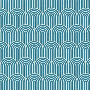 May include: A teal blue fabric with a repeating pattern of white arches. The arches are made up of thin white lines.