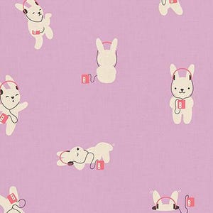 May include: A light purple fabric with a repeating pattern of white cartoon bunnies wearing pink headphones and holding pink music players. The bunnies are in various poses against a solid background. The text "RUBY STAR SOCIETY" is at the bottom.
