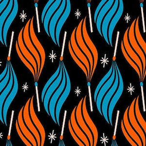 May include: Black fabric with a repeating pattern of stylized matches with orange and blue flames. White star shapes are interspersed throughout the design. The text "RUBY STAR SOCIETY" is printed at the bottom.