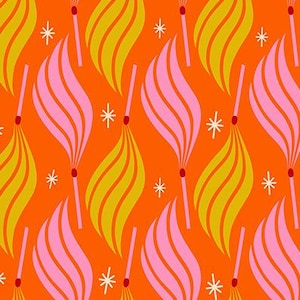 May include: Orange fabric with a repeating pattern of stylized matches with pink and yellow flames. Small white star shapes are scattered throughout the design. The text "RUBY STAR SOCIETY" is printed at the bottom.