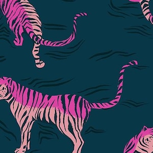 May include: A fabric pattern with pink and black striped tigers on a dark teal background. The tigers are depicted in different poses, some walking and others partially visible. The text "RUBY STAR SOCIETY" is at the bottom.